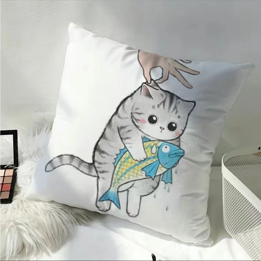 1pc, Fun Fishing Cat Single Sided Printed Throw Pillow Cover Sofa Bedroo…‎